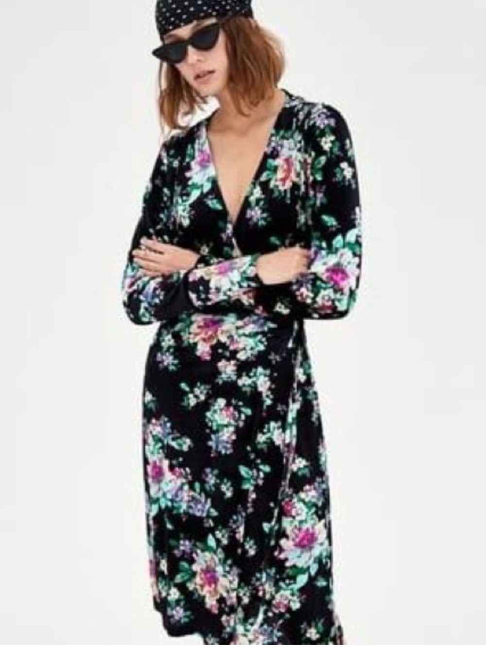 Zara floral print velvet kimono wrap midi dress M